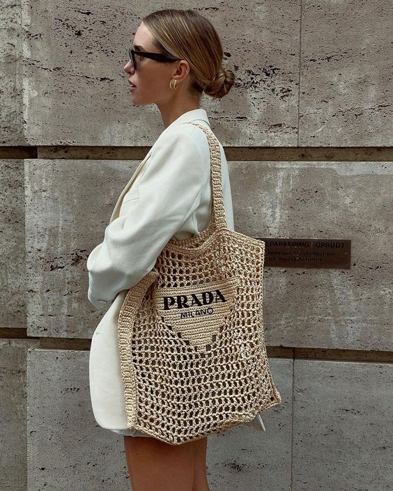 Prada Women's Natural Crochet Tote Bag-Khaki - Top Club