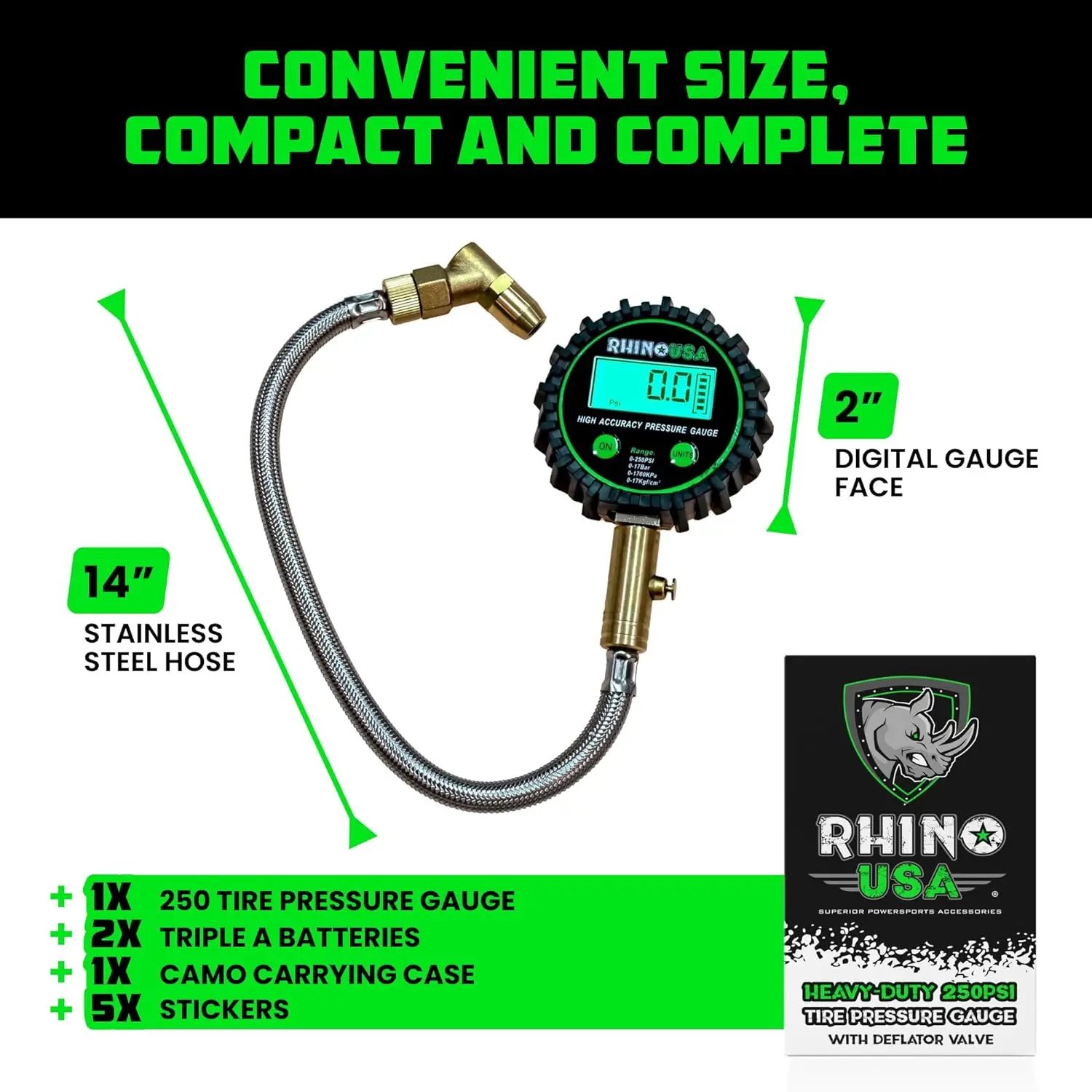 Rhino USA Heavy Duty Digital Tire Pressure Gauge (0-250 PSI) Professional ANSI B40.7 Accurate, Easy Read Glow Dial, Premium Braided Hose