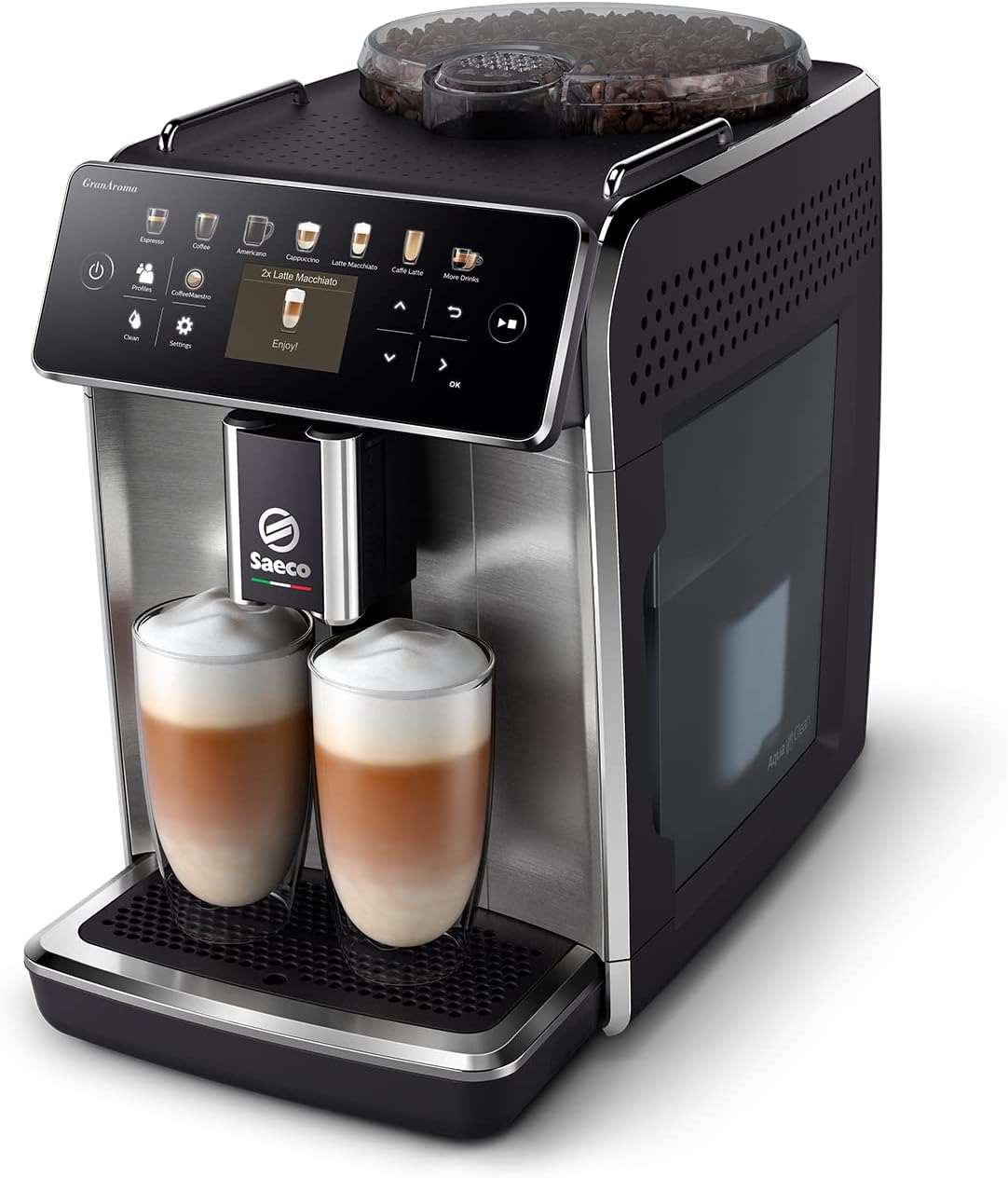 Saeco GranAroma Macchina da Caffè Automatica - 16 Bevande, Display a Colori Intuitivo, 6 Profili Utente, Macinacaffè in Ceramica (SM6585/00)