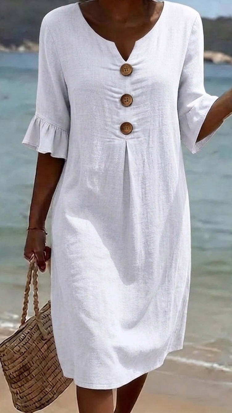 Women's Cotton-Linen Dress with V-Neck, Large Buttons, and Ruffled Sleeves - Nordfashionstorm - Women's Clothing, Fashion for You - Nordfashionstorm.com