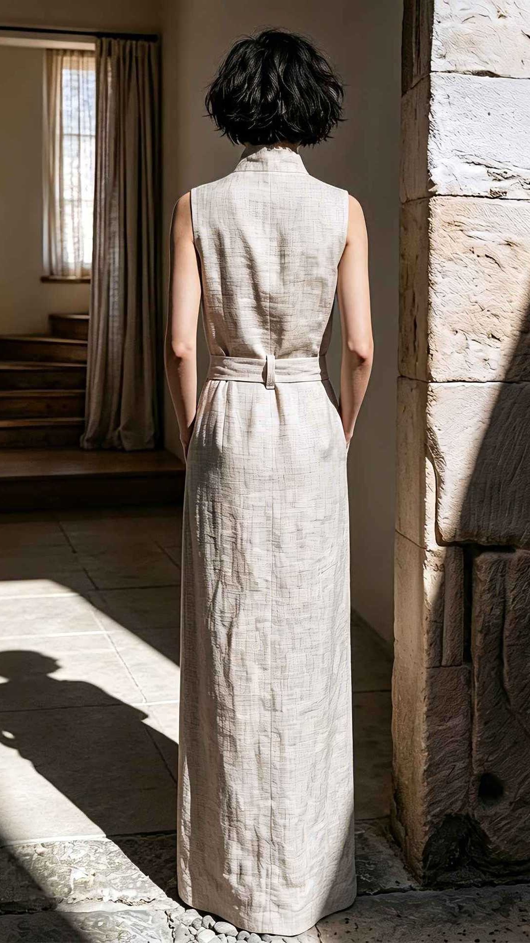 Women's Sleeveless Linen Maxi Dress with Stand Collar, Waist Tie, and Vest-Style Bodice - Nordfashionstorm - Women's Clothing, Fashion for You - Nordfashionstorm.com