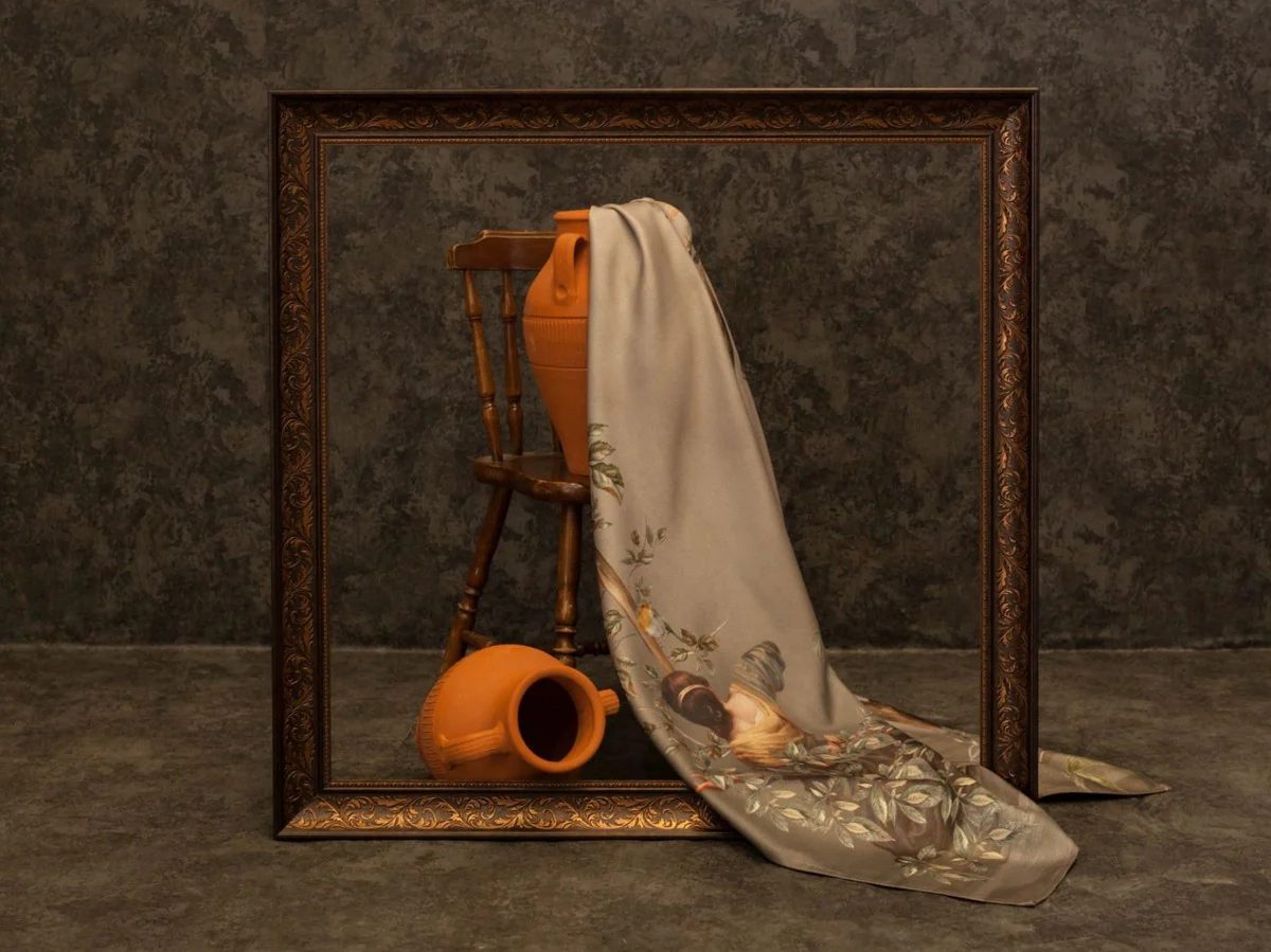 Luxury curtain set women in the garden gray / multicolored 250 x H. 290 cm - Printed linen & velvet curtains - Eyelet curtains - Sliding curtains - Luxury collection