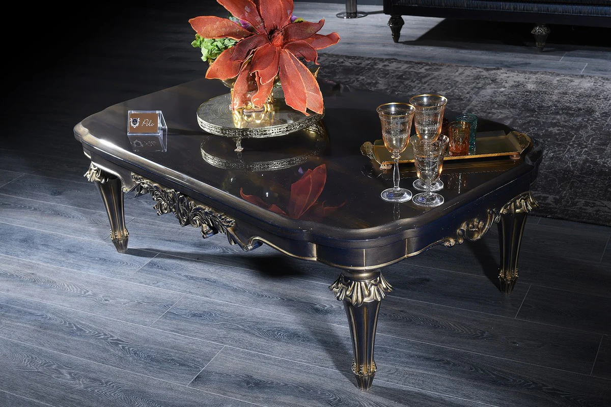 Luxury baroque coffee table blue / gold / black 131 x 85 x H. 45 cm - living room table in baroque style