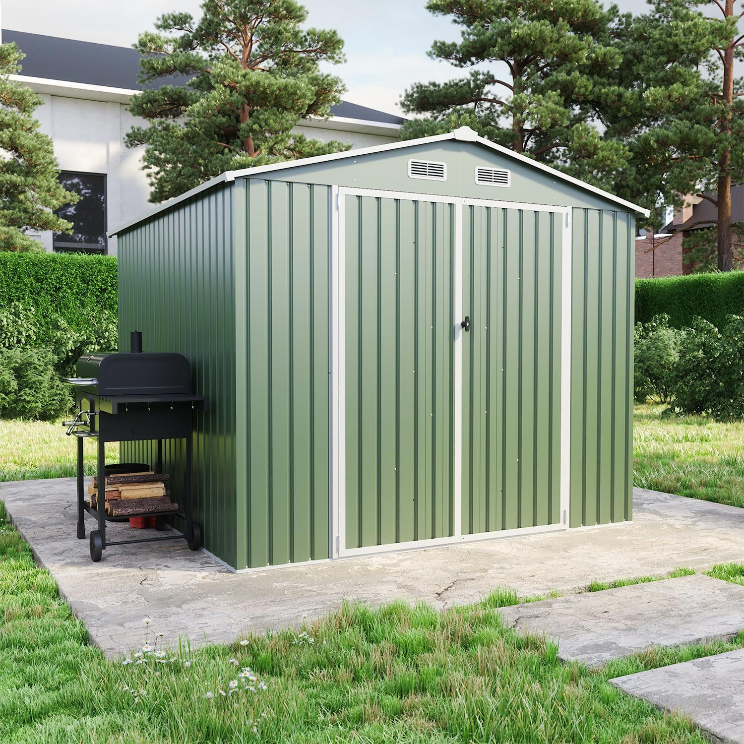 Casetta Da Giardino In Acciaio Zincato 2,56x2,56xh2,16m, 6,55mq, Deposito Attrezzi con Tetto Spiovente, Porta Battente (Verde)