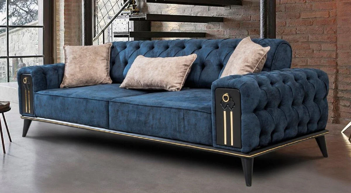 Luxury Chesterfield sofa bed blue / black / gold 220 x 90 x H. 80 cm - Modern living room sofa - Chesterfield living room furniture