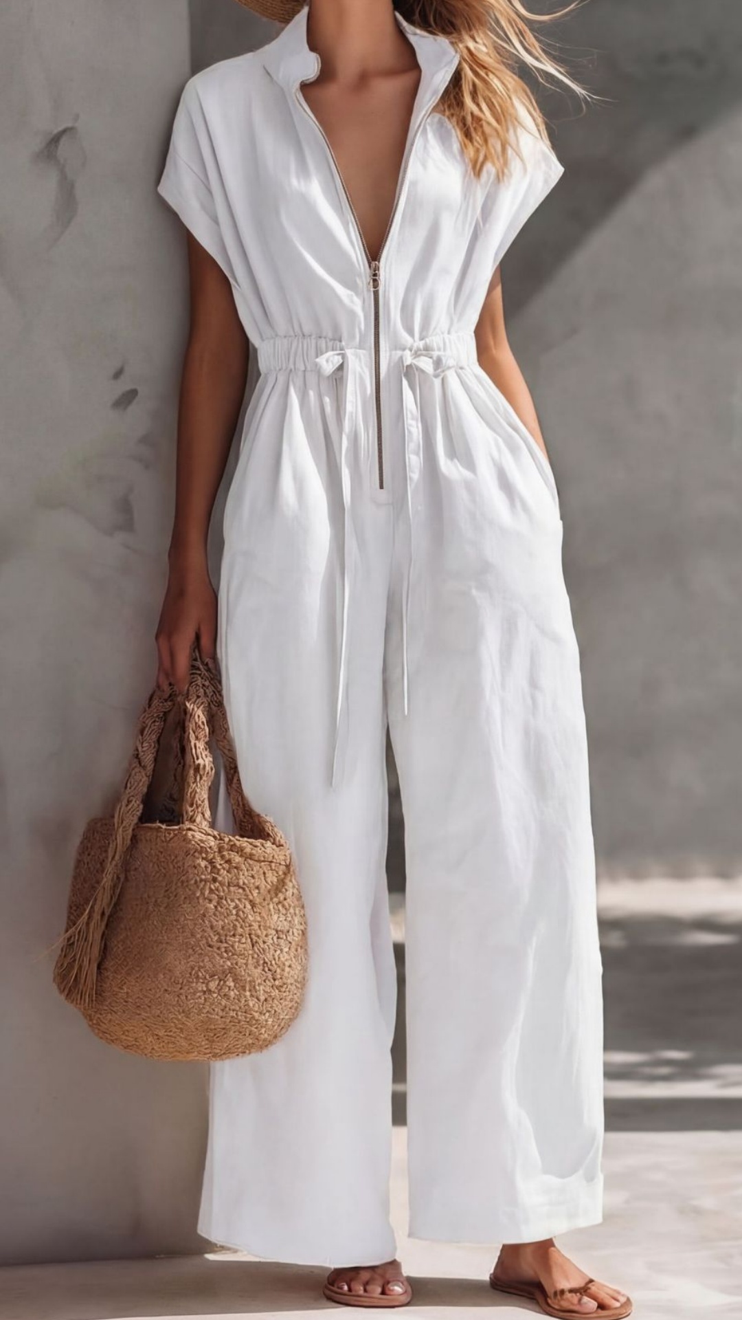 Women's V-Neck Stand-Collar Zip-Front Drawstring Jumpsuit - Nordfashionstorm - Women's Clothing, Fashion for You - Nordfashionstorm.com