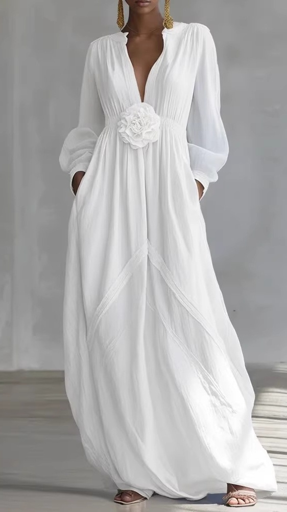 Ladies' vacation-style elegant three-dimensional floral cotton and linen long dress - Nordfashionstorm - Women's Clothing, Fashion for You - Nordfashionstorm.com