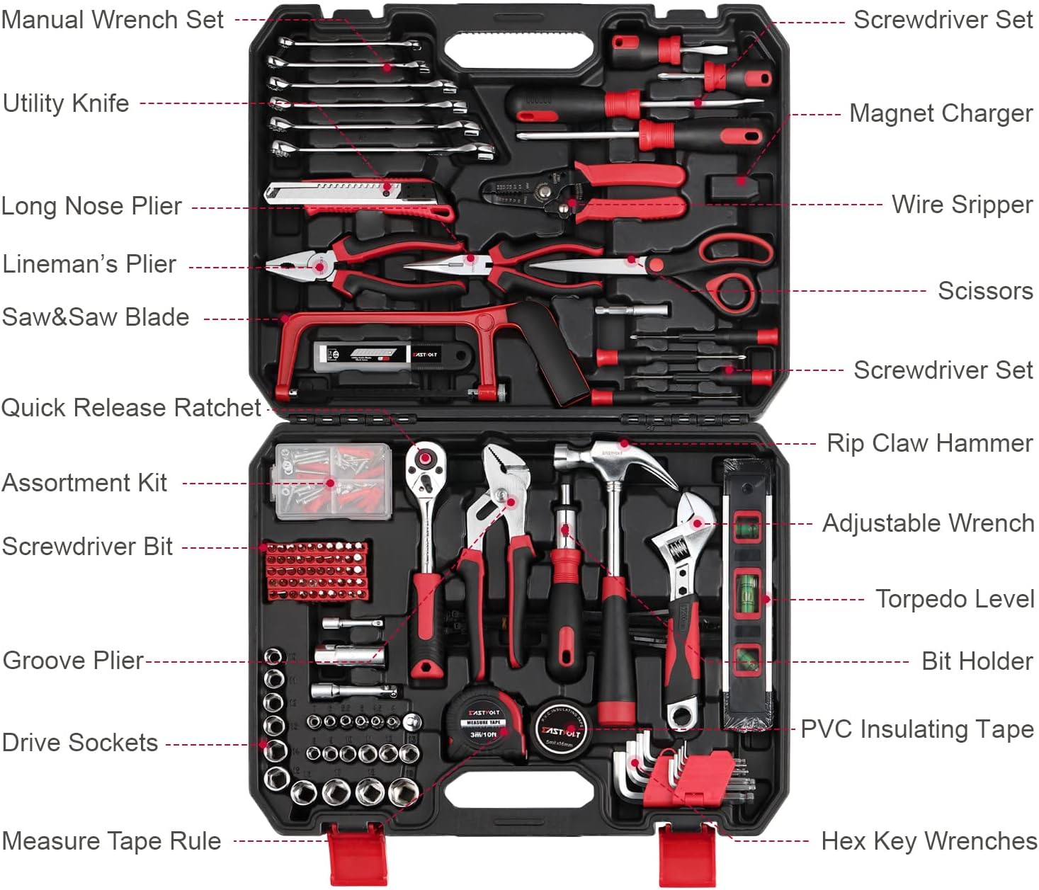 218-Piece Household Tool kit,Auto Repair Tool Set, EASTVOLT Tool kits for Homeowner, General Household Hand Tool Set with Hammer, Plier, Screwdriver Set, Socket Kit, with Carrying Tool Box, EVHT21801