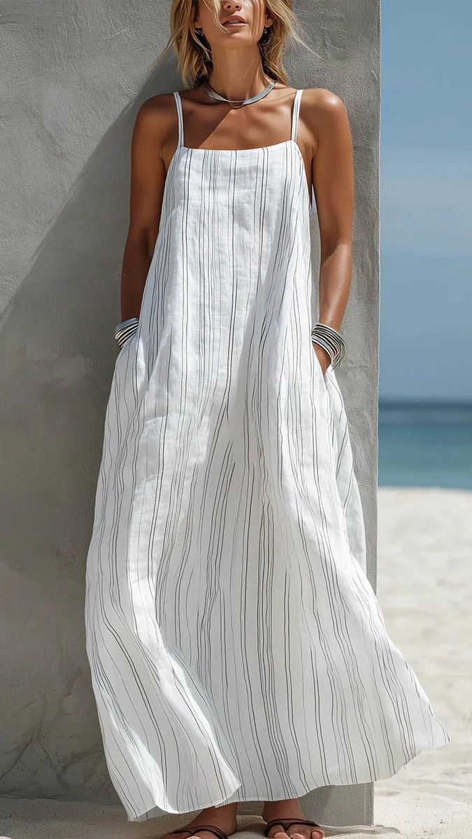 Women's Striped Creative Casual Vacation-Style Sleeveless Strappy Dress - Nordfashionstorm - Women's Clothing, Fashion for You - Nordfashionstorm.com
