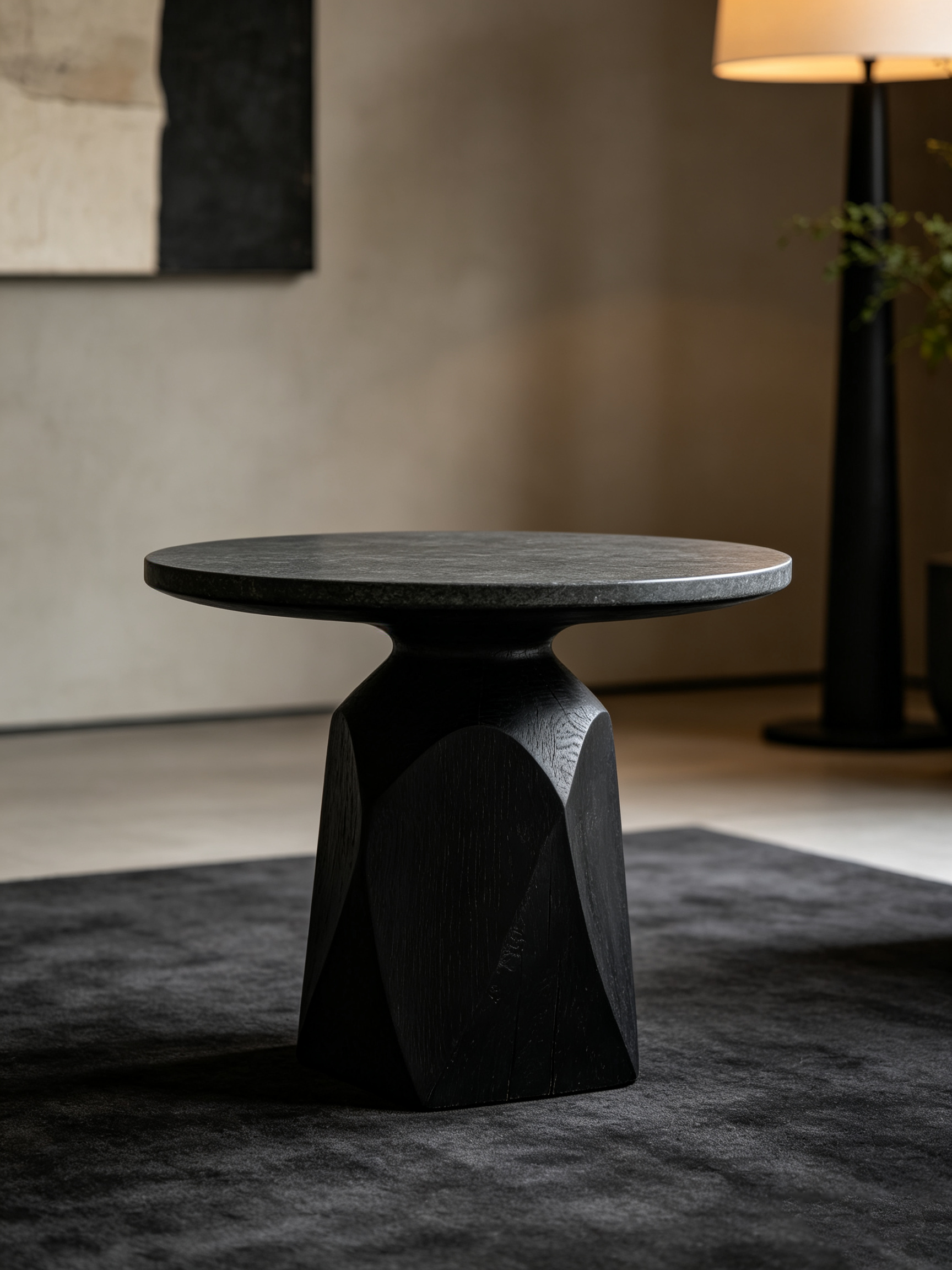 Round Stone Top Side Table with Carved Black Wood Pedestal