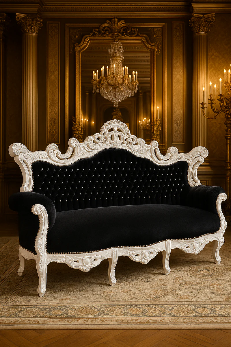 Baroque sofa with glitter stones black / white - handmade antique style living room sofa - antique style living room furniture - baroque living room furniture - noble and magnificent