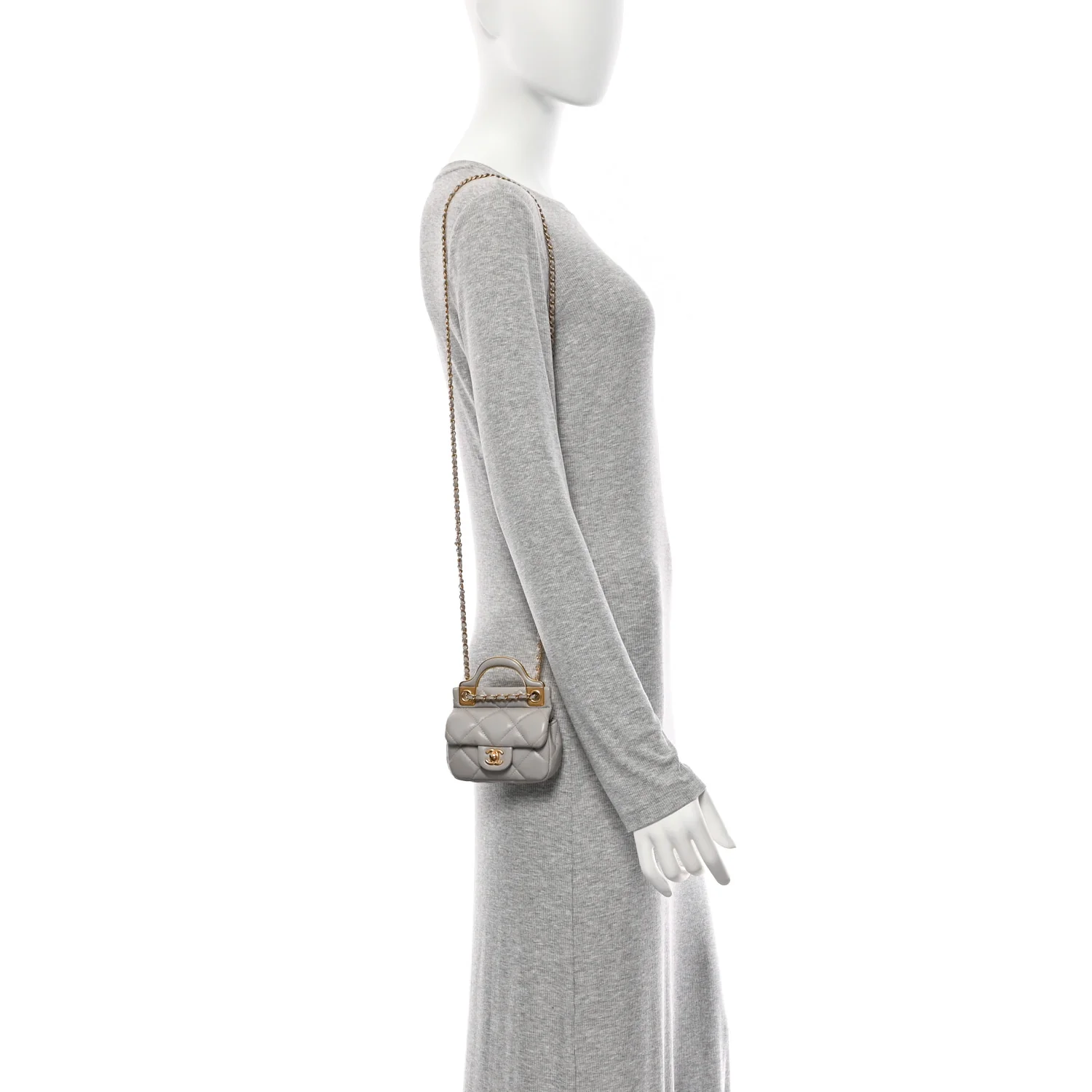 Calfskin Quilted Lady Handle Flap Card Holder With Chain Grey - Top Club