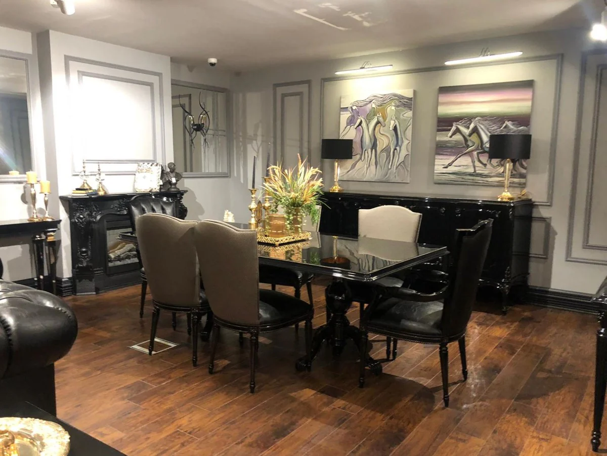 Luxury baroque dining room set black / gold - 1 dining table with glass top & 6 dining chairs - noble dining room furniture in baroque style