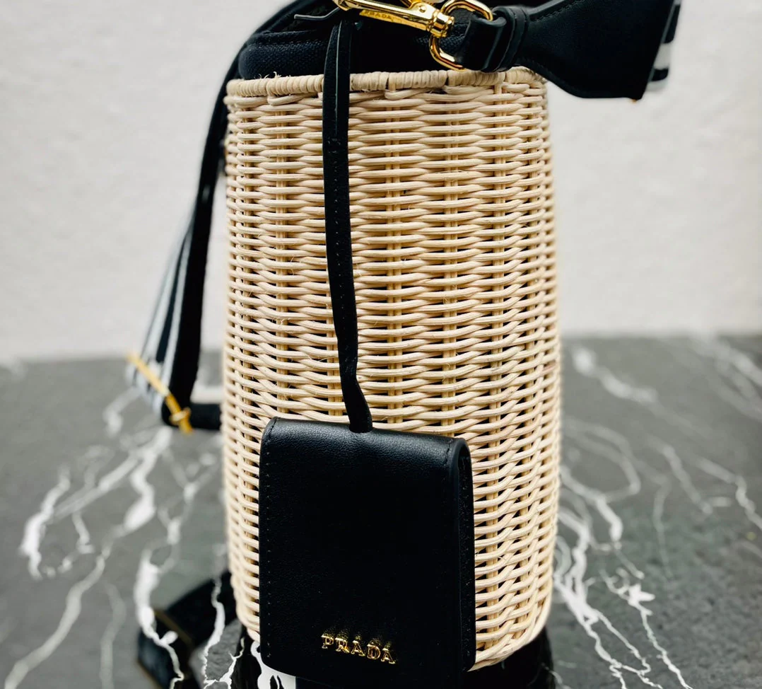 Prada Wicker And Canvas Bucket Bag TanBlack size 18x19x11 cm - Top Club