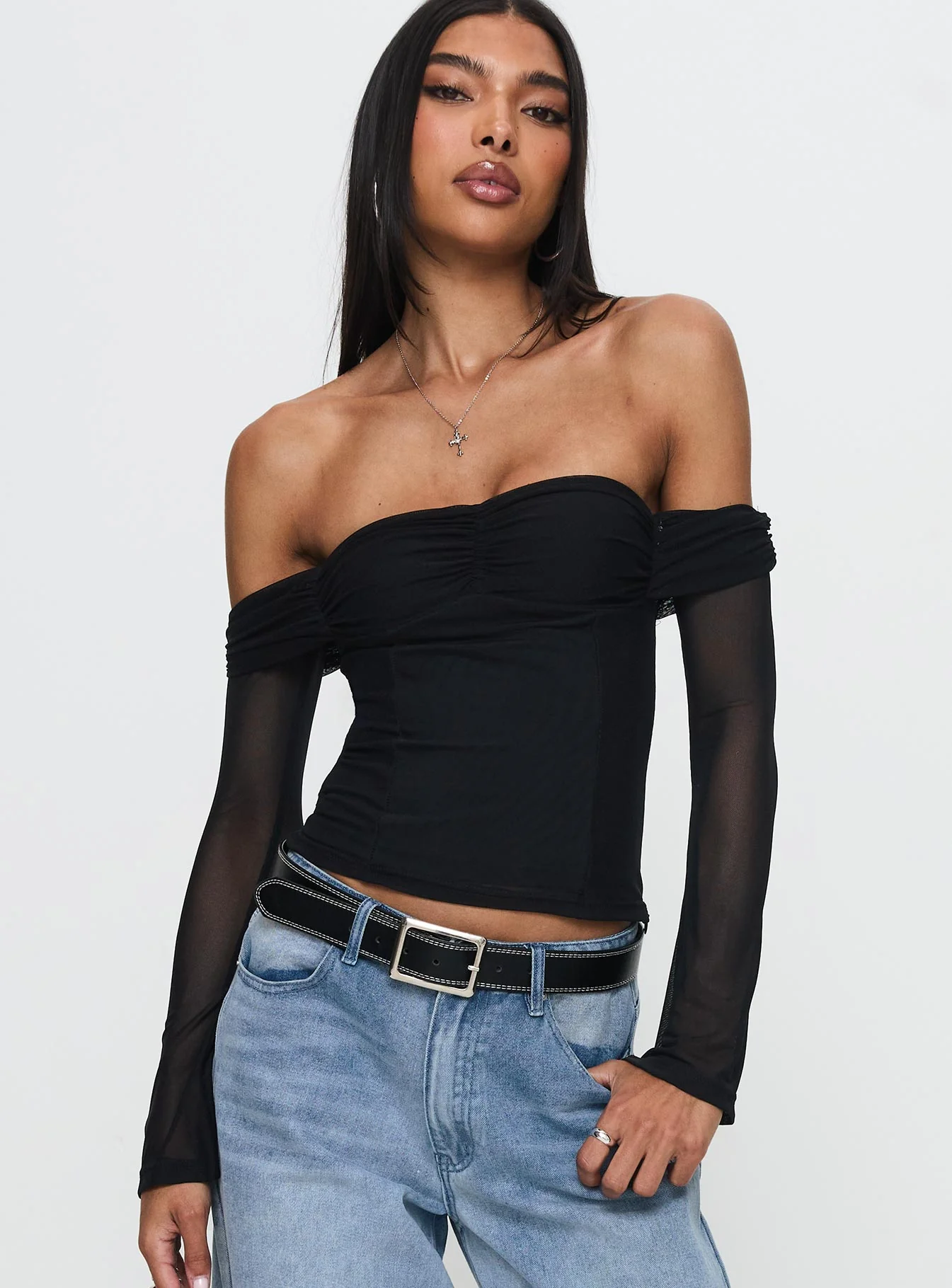 Saelan Off Shoulder Long Sleeve Top Black
