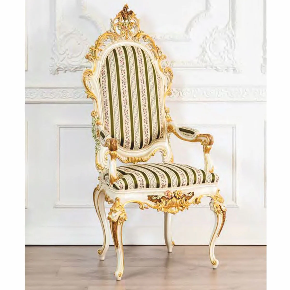 Luxury Baroque Dining Room Chair with Armrests Green / White / Gold H. 137 cm - Made in Italy