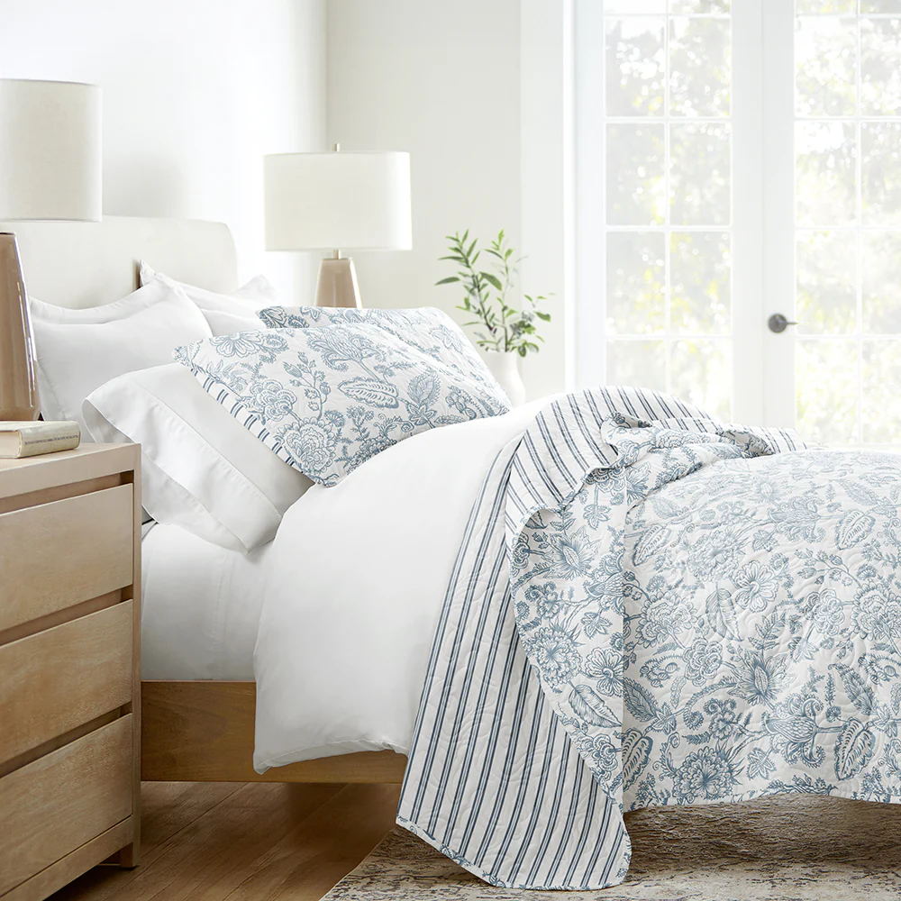 Jacobean/Stripe Reversible Quilted Coverlet Set - Sale