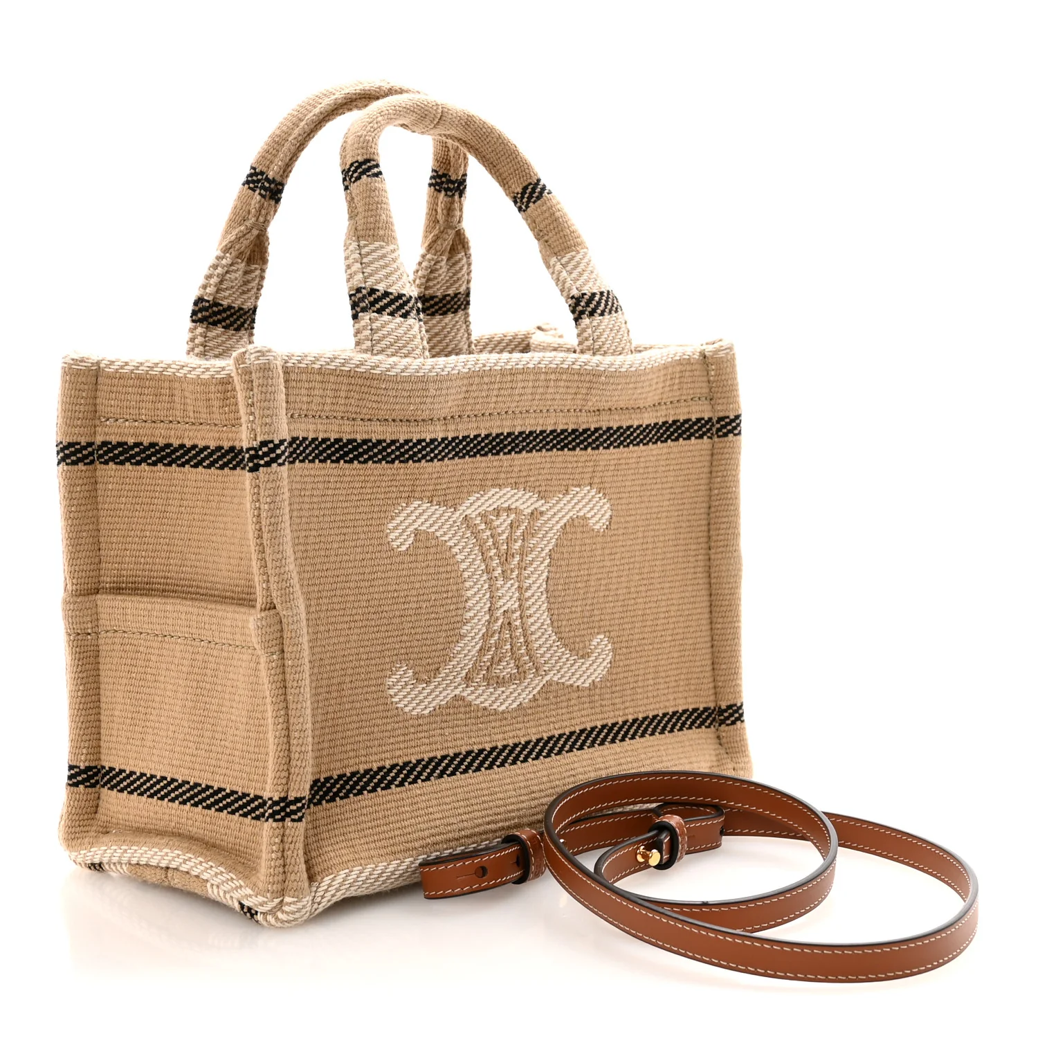 Canvas Calfskin Small Cabas Thais Beige Black White - Top Club
