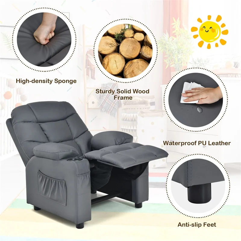 Kids Recliner Chair PU Leather Adjustable Lounge Sofa with Cup Holder, 3 Pockets & Retractable Footrest, Ergonomic Toddler Furniture Sofa