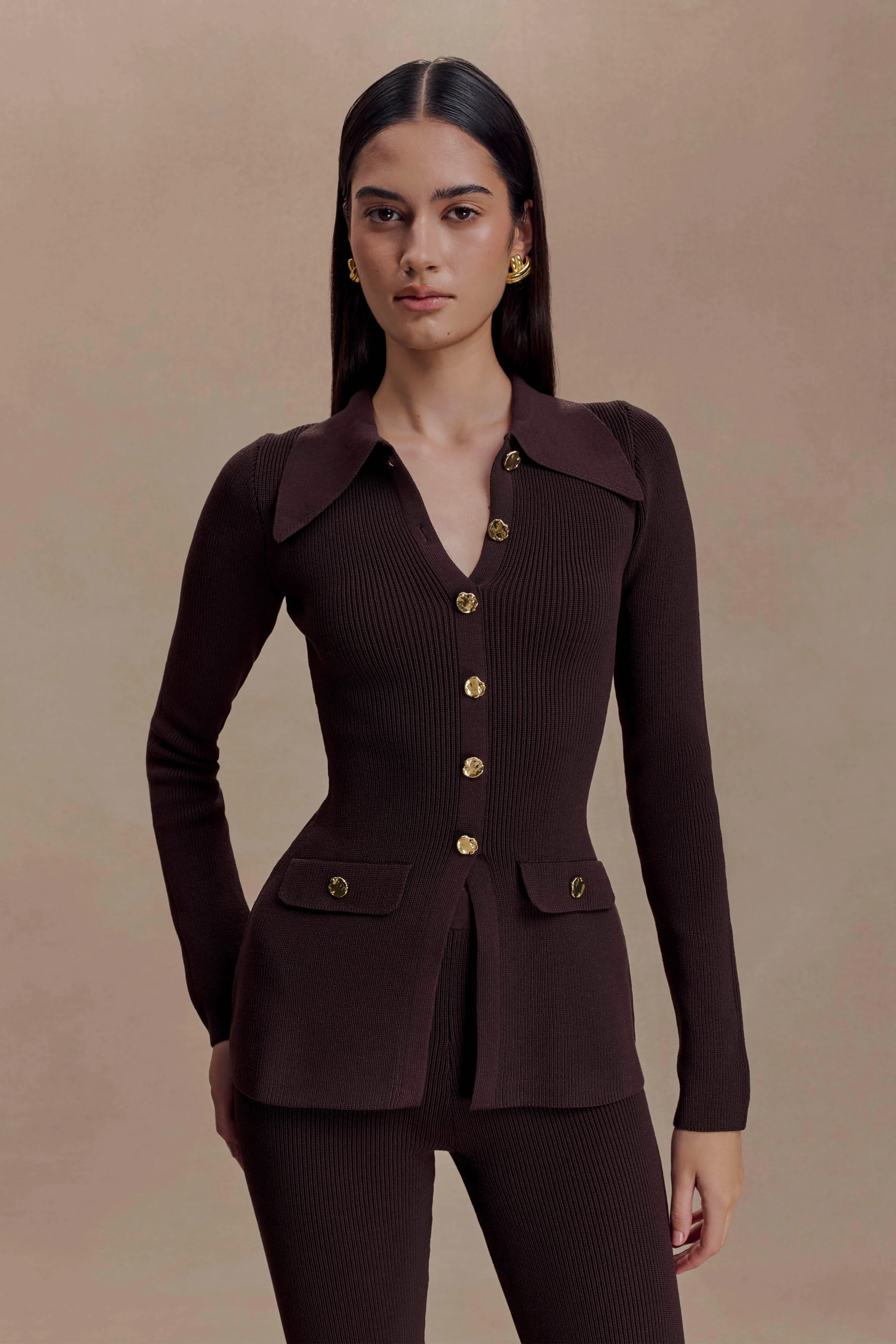 Suzie Ribbed Long Sleeve Longline Top - Chocolate