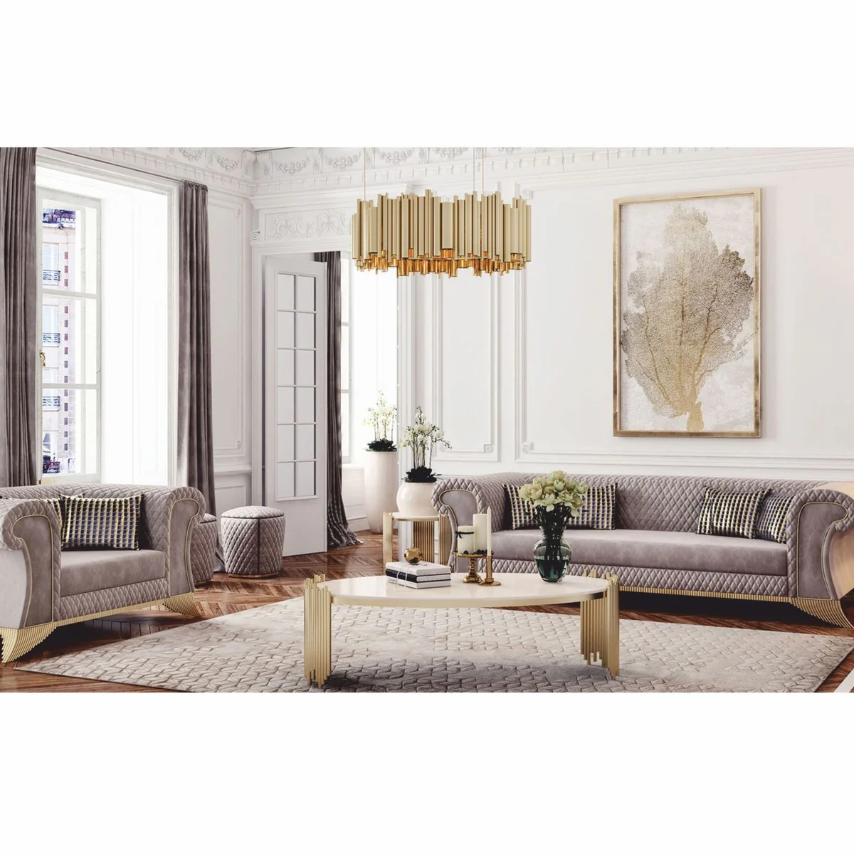 Luxury side table with artificial marble table top white / gold Ø 59 cm