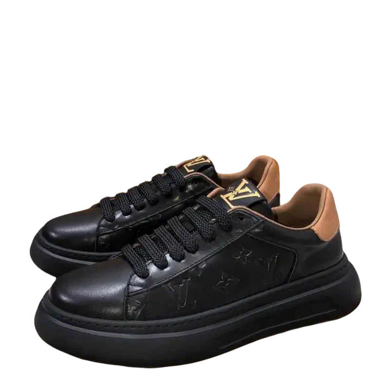 Louis Vuitton Men's Black Leather Sneakers With Embossed Logo And Contrast Details - Sneaker Replica Workshop