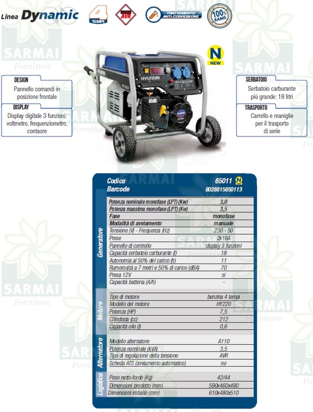 Hyundai HY4000 gruppo elettrogeno a benzina Generatore di corrente 3,0 Kw 230V carrellato