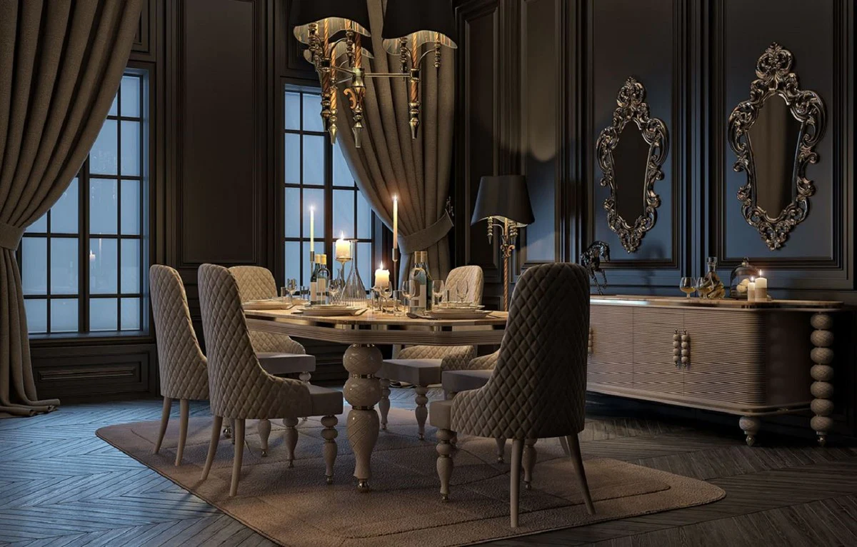Luxury Art Deco Dining Room Set Gray / White / Gold - 1 Art Deco Dining Table with Faux Marble Table Top & 8 Art Deco Dining Room Chairs - Art Deco Dining Room Furniture - Luxury Quality