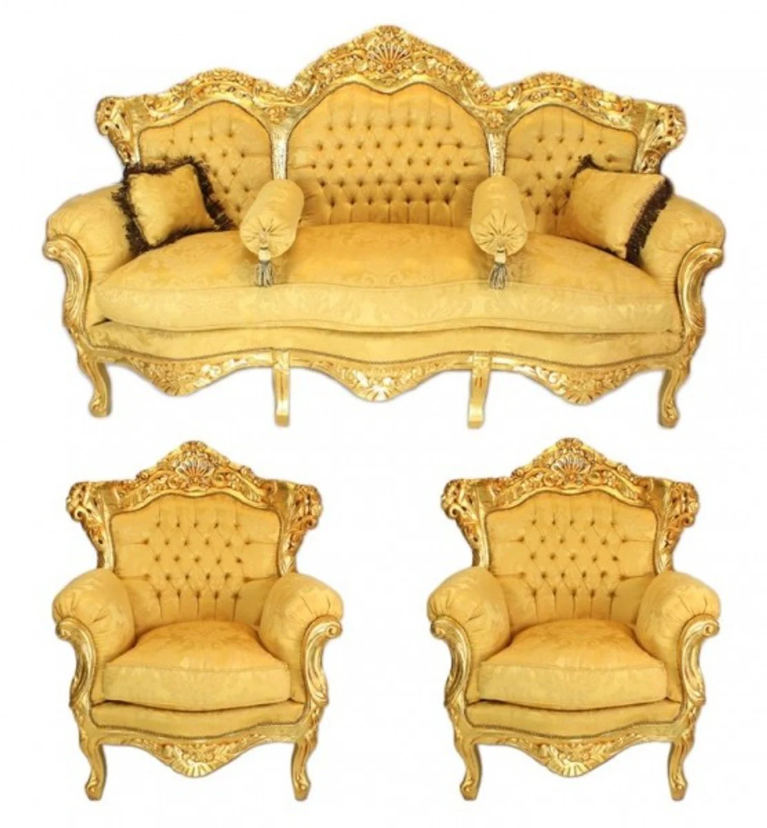 Baroque living room set gold bouquet pattern / gold - 3 seater sofa + 2 armchairs