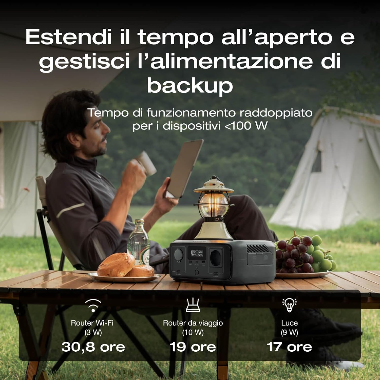 ECOFLOW Centrale elettrica portatile RIVER 3(gruppo di continuità 10 ms), batteria LFP da 245Wh, uscita max 600W, tempo di funz. doppio con GaN, generatore solare 30% + compatto x esterni, camping