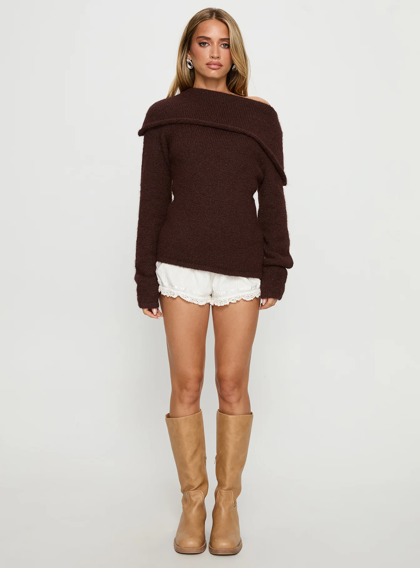Kinslea Off Shoulder Knit Sweater Brown
