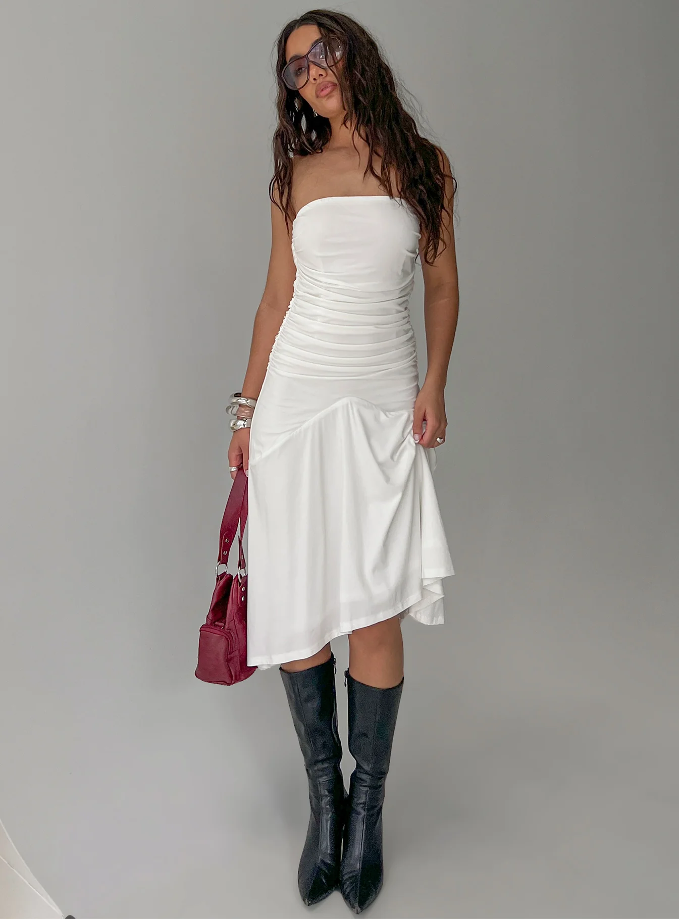 Rienna Strapless Asymmetrical Midi Dress White