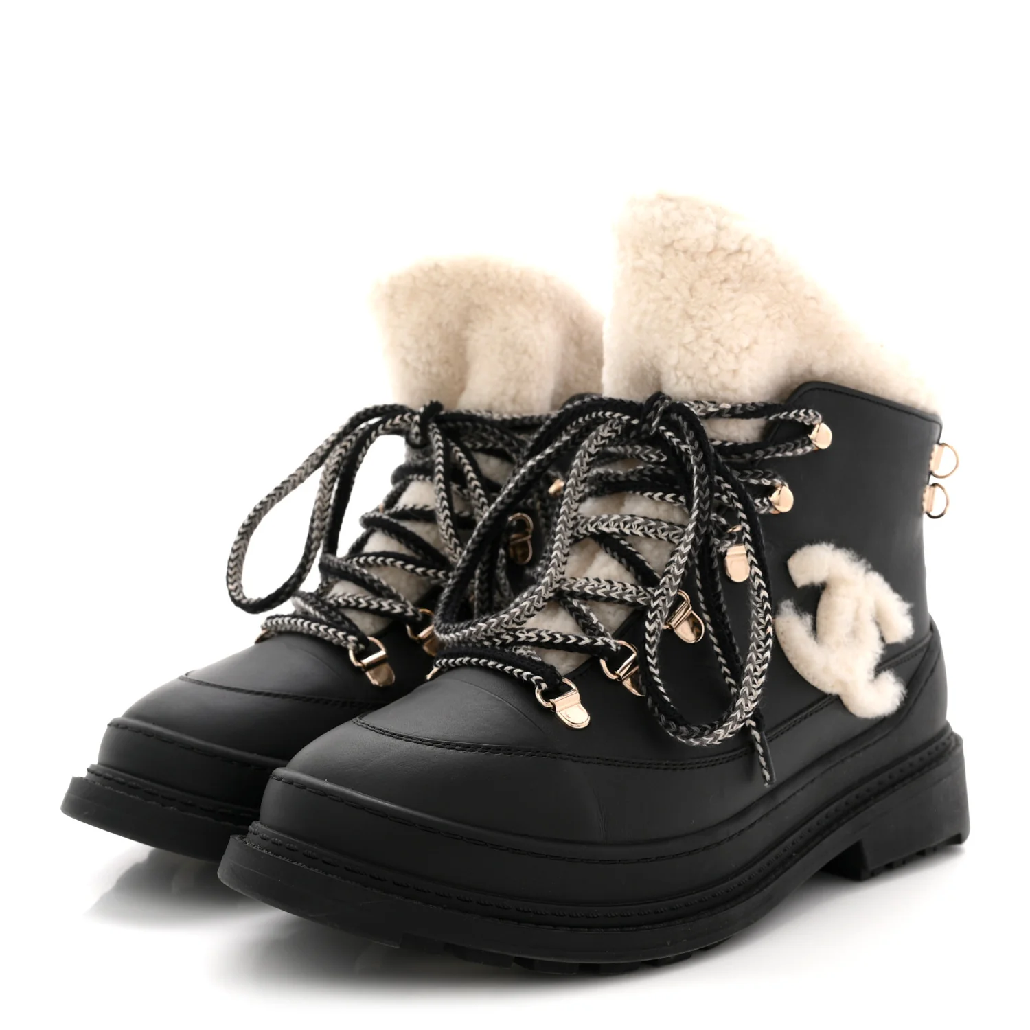 Calfskin Shearling CC Lace Up Boots 38.5 Black - Top Club