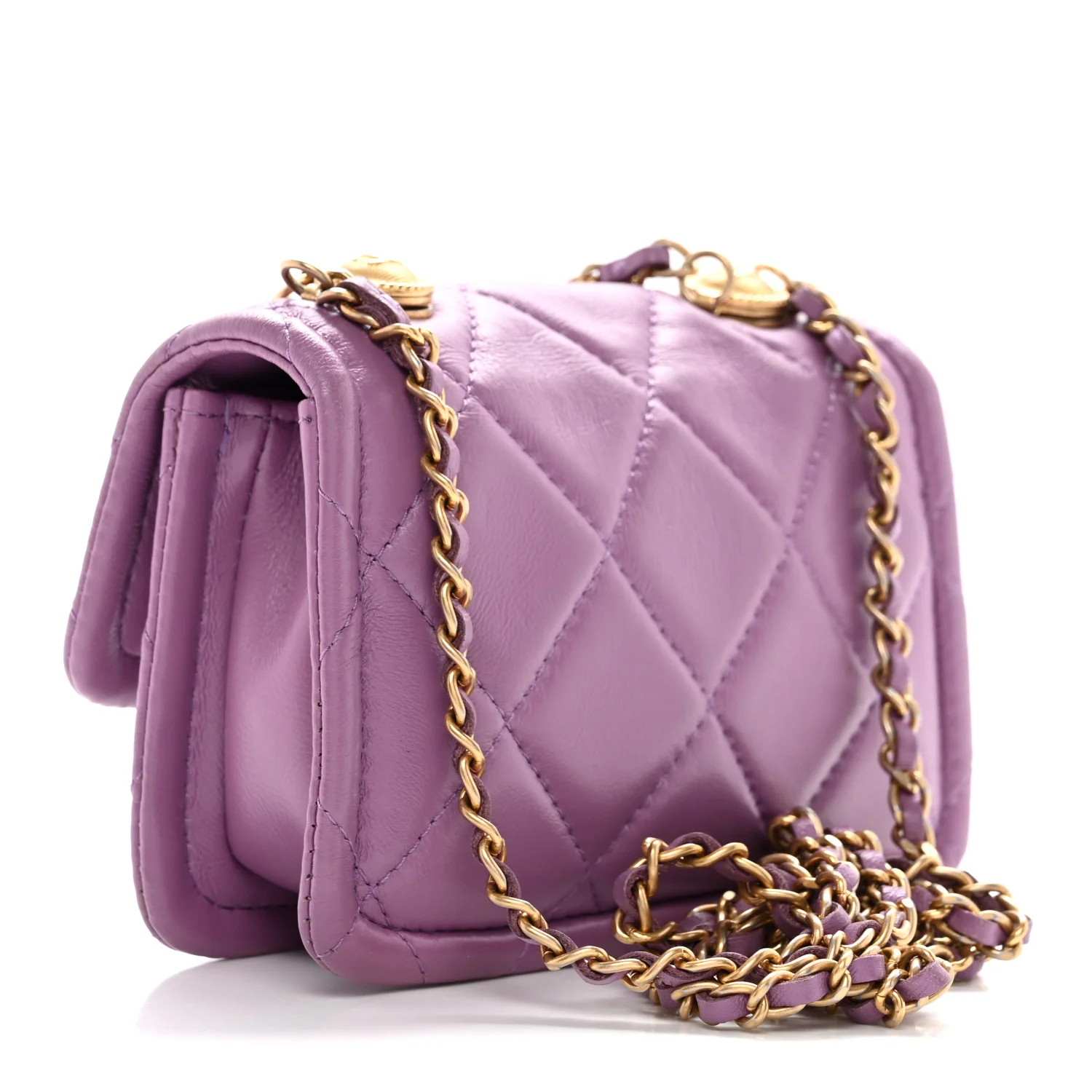 Shiny Lambskin Quilted Extra Mini Flap Purple - Top Club