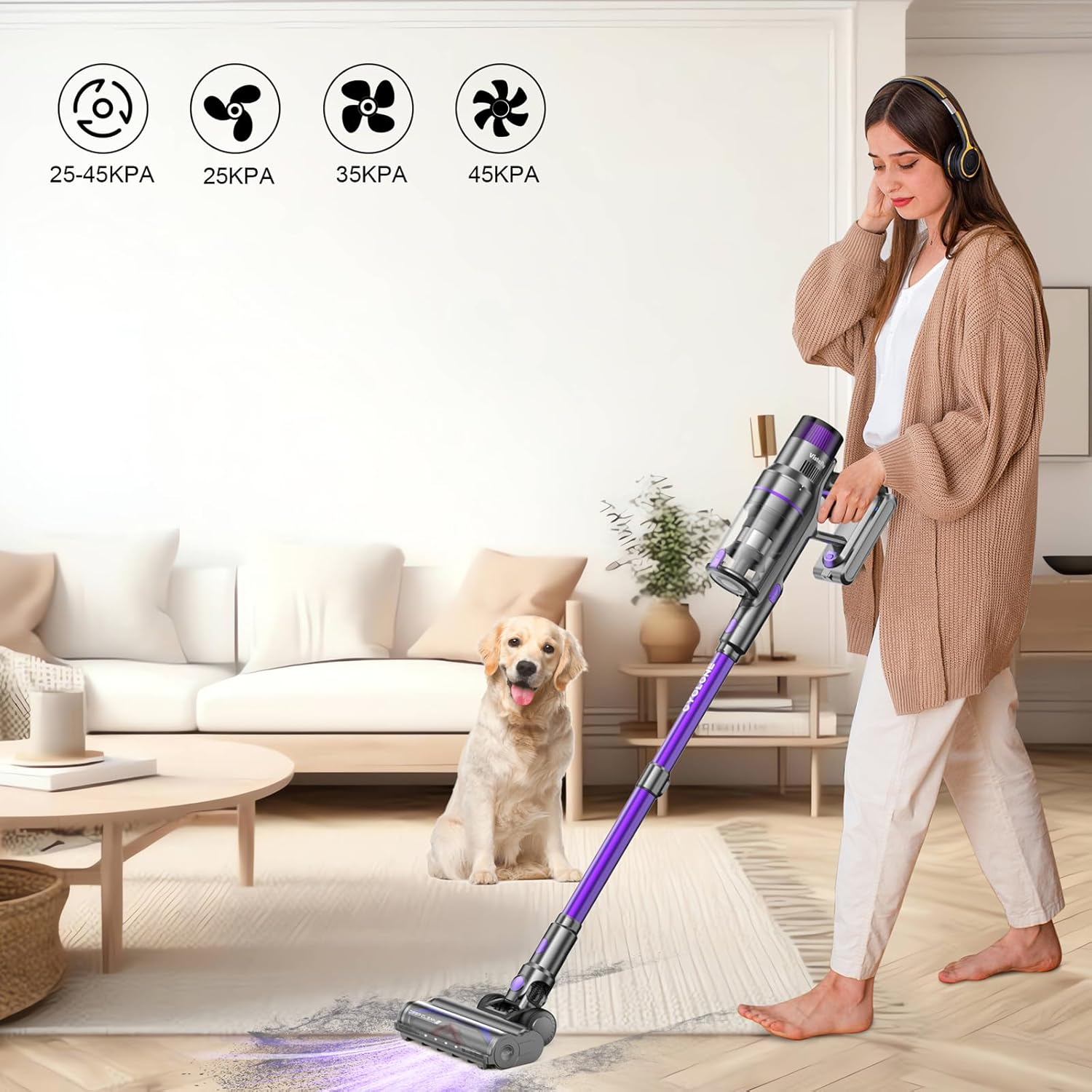 Vistefly V15s MAX Aspirapolvere senza Fili, 45Kpa 580W Scopa Elettrica Potente 8 in 1 Autonomia fino 70 Minuti, con Modalità Automatica per Peli Capelli Pavimento Tappeti