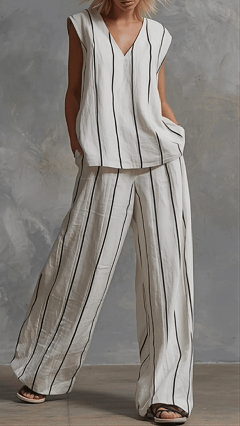Women's Vertical-Stripe Loose-Fit Slimming Cotton-Linen Two-Piece Set - Nordfashionstorm - Women's Clothing, Fashion for You - Nordfashionstorm.com