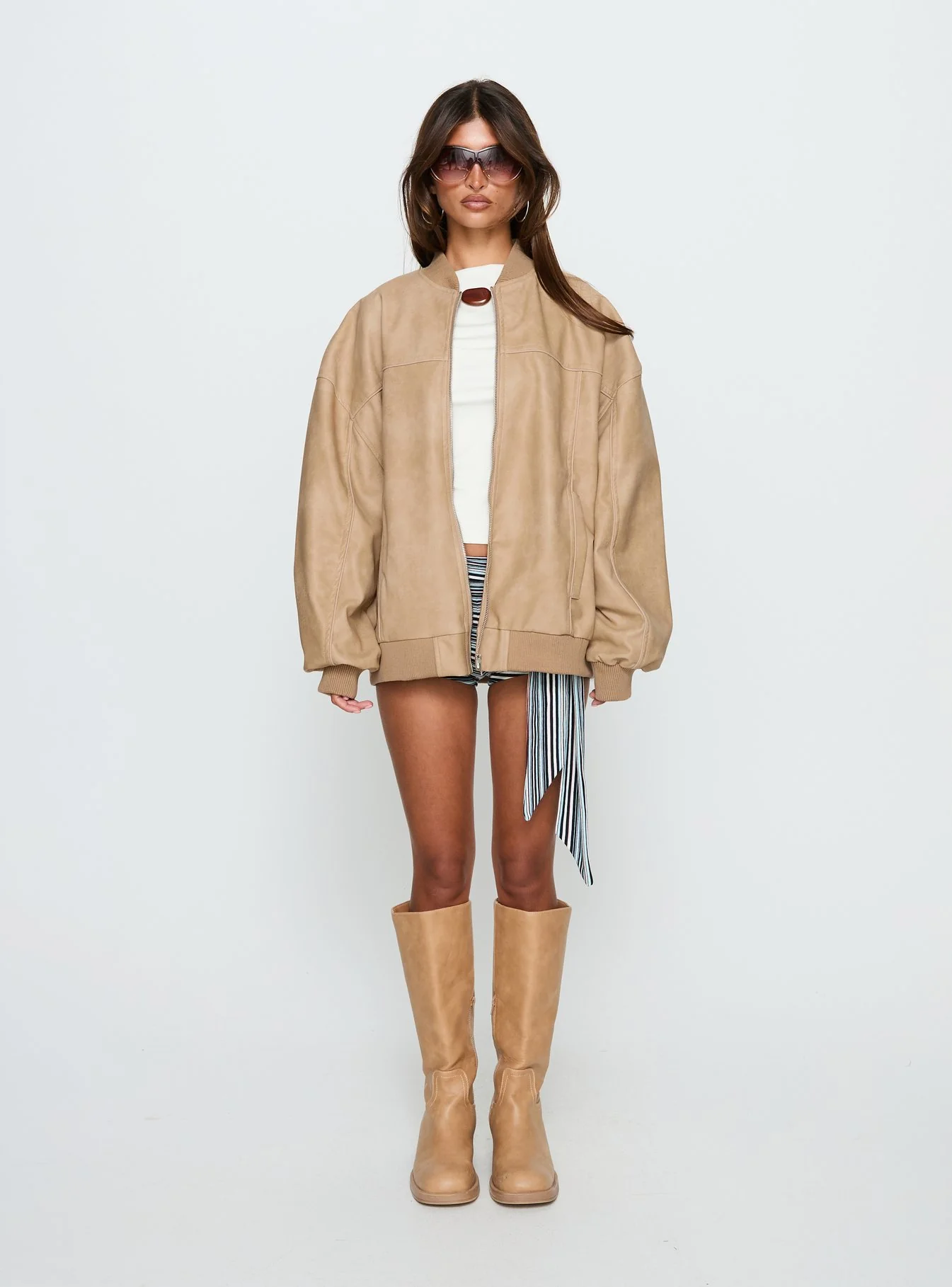 Believe It Faux Leather Bomber Jacket Washed Stone