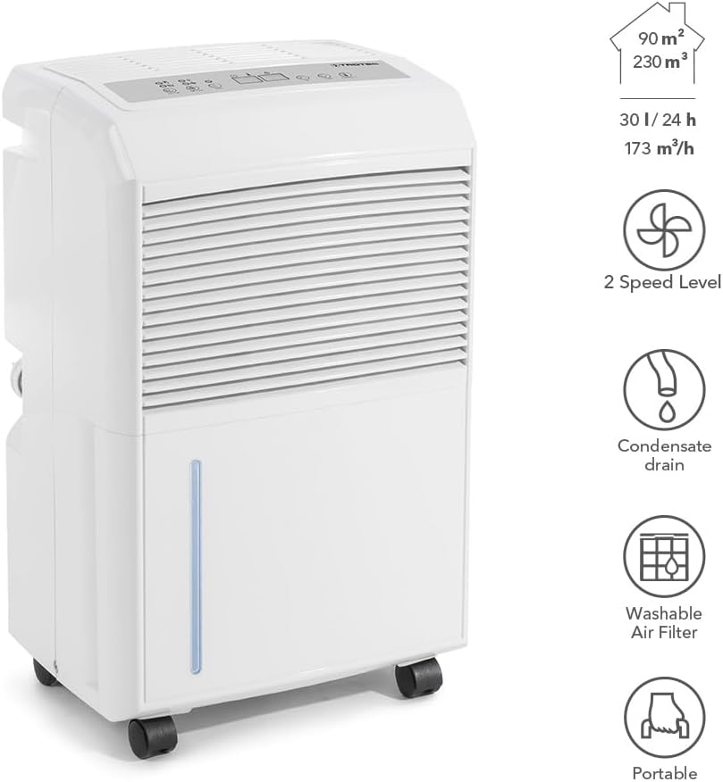TROTEC Deumidificatore elettrico per ambienti TTK 90 E – potenza 30 L/giorno – superficie 90 m² / 230 m³ – dispositivo di deumidificazione con spegnimento automatico