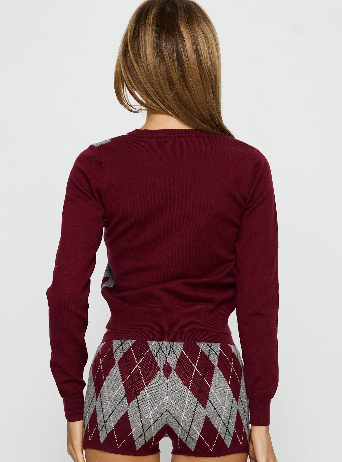 Raiven Knit Cardigan Burgundy Argyle