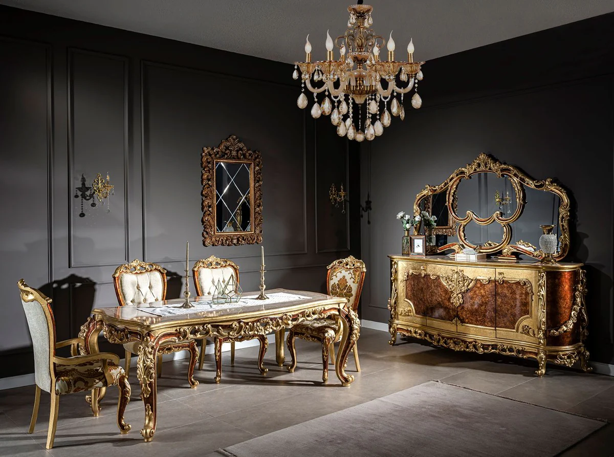 Luxury baroque dining room chair set with armrests and elegant pattern 57 x 54 x H. 115 cm - Elegant kitchen chairs set of 6 in baroque style - Baroque dining room furniture
