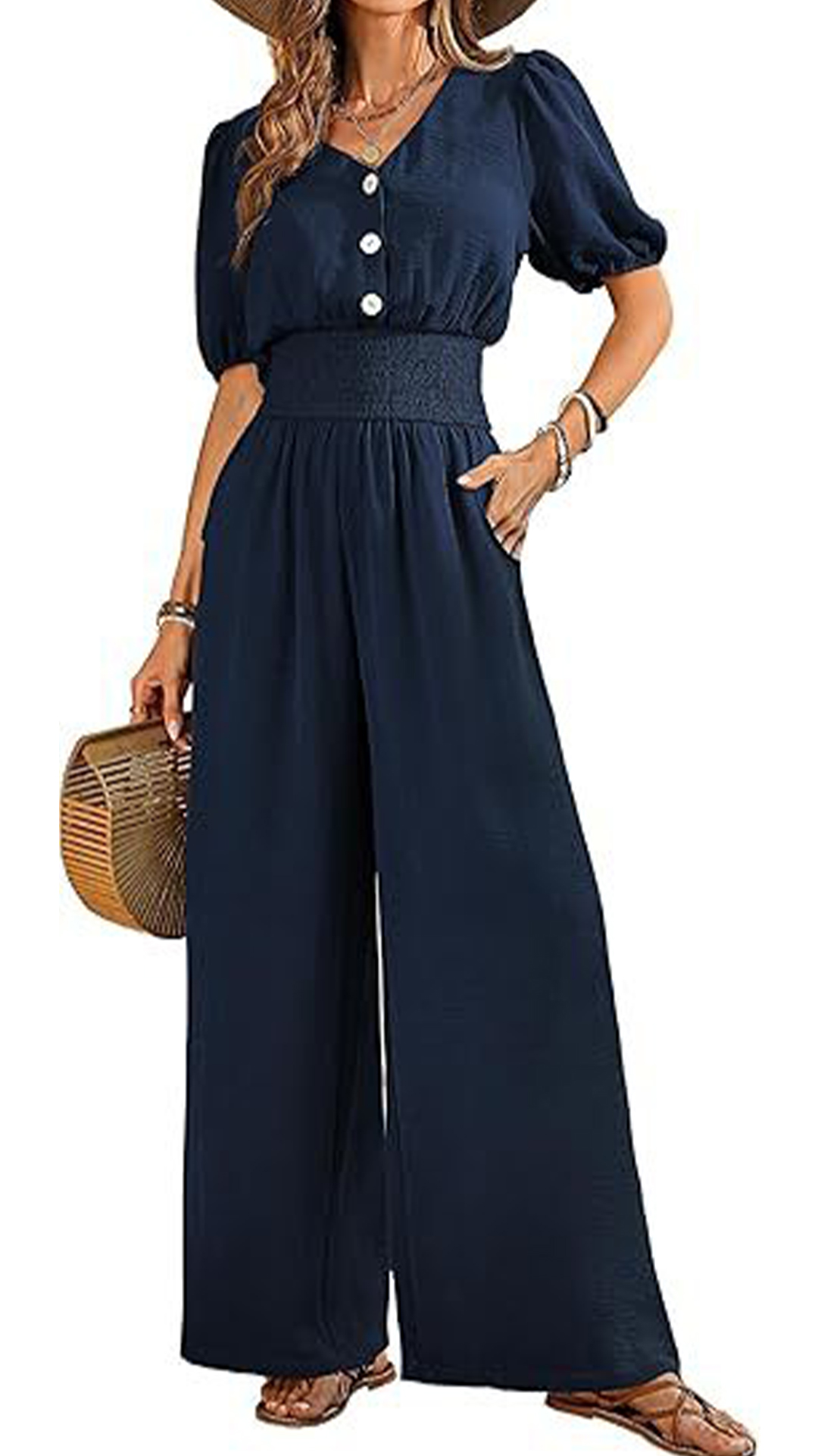 Women's V-Neck Jumpsuit with Puff Sleeves, Cinched Waist, and Wide Legs - Nordfashionstorm - Women's Clothing, Fashion for You - Nordfashionstorm.com