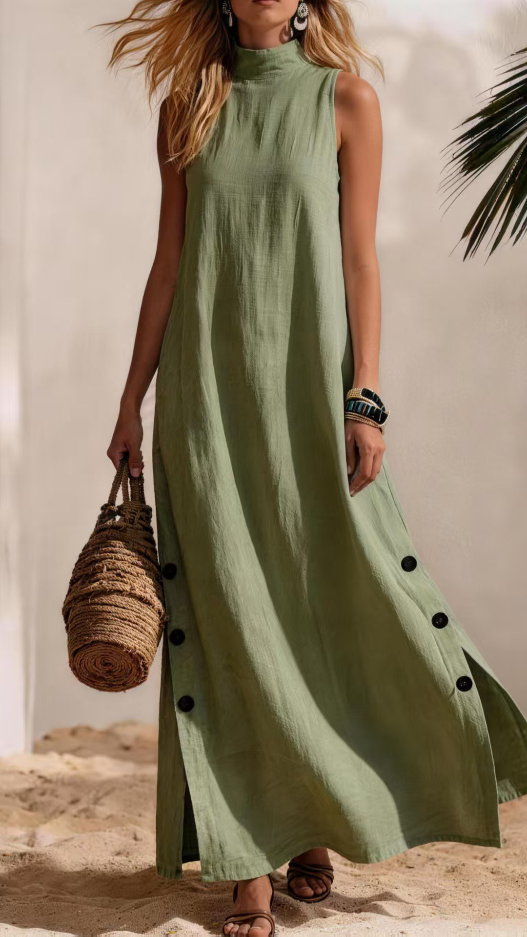 Women's Cotton-Blend High-Neck Sleeveless Slit Maxi Dress - Nordfashionstorm - Women's Clothing, Fashion for You - Nordfashionstorm.com