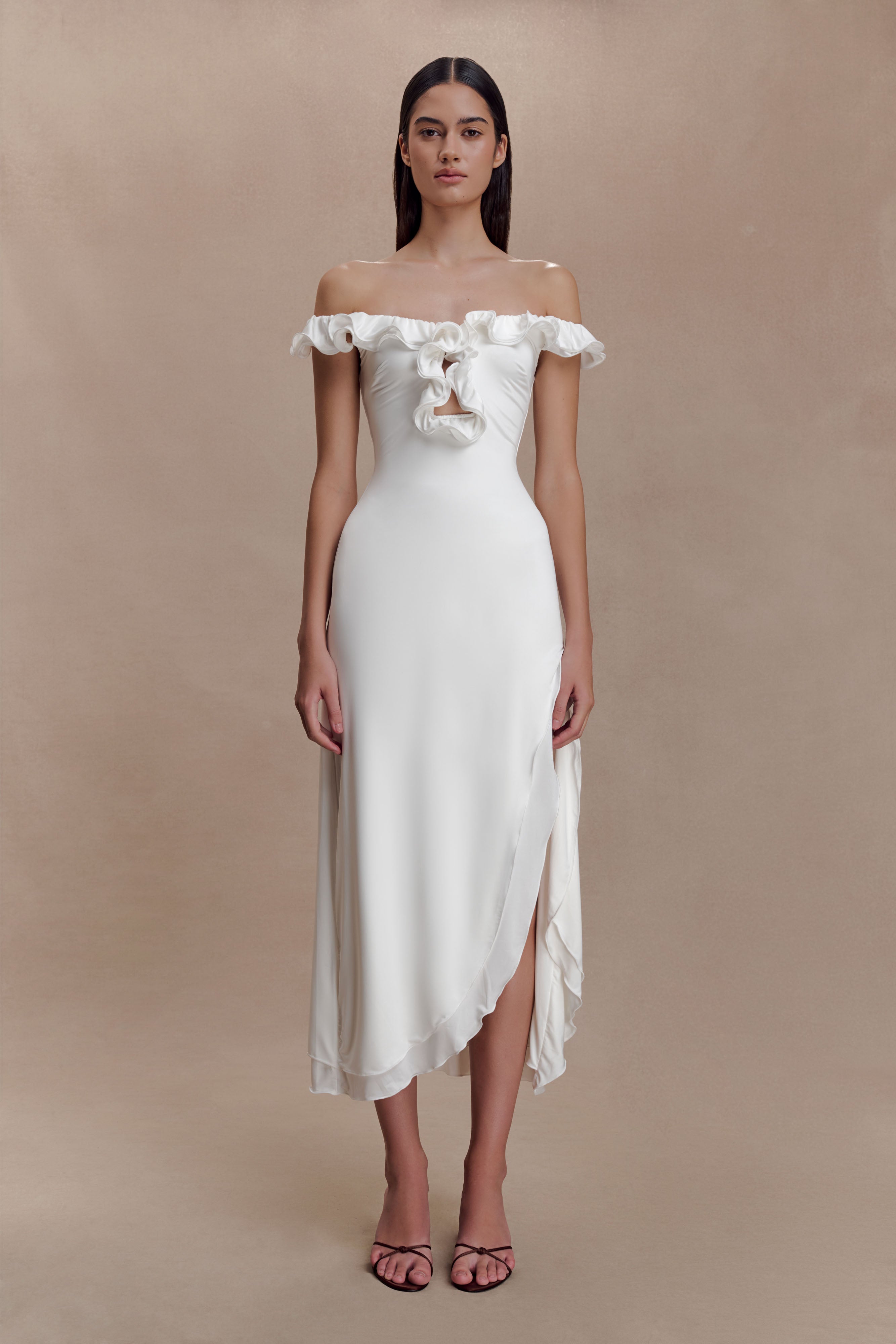 Allegra Off Shoulder Ruffle Midi Dress - Ivory