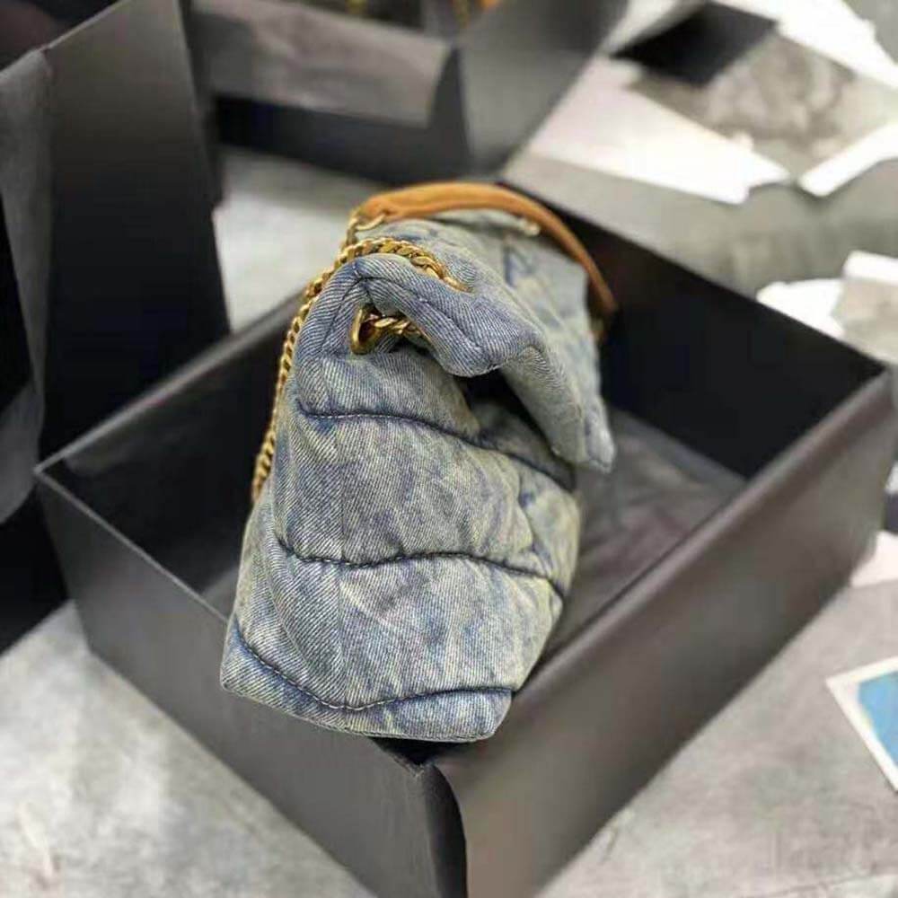 Y Puffer Small Bag in Quilted Vintage Denim and Suede - Top Club