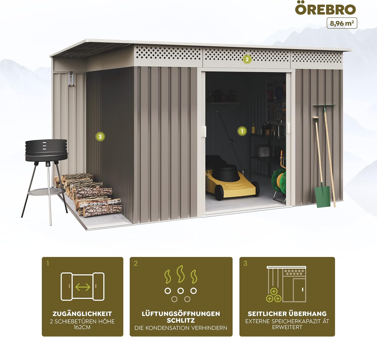 Capannone Metallo Grigio/Beige per Archiviazione 8,96 m2-269x333x189cm. Casta Giardino Terrazza
