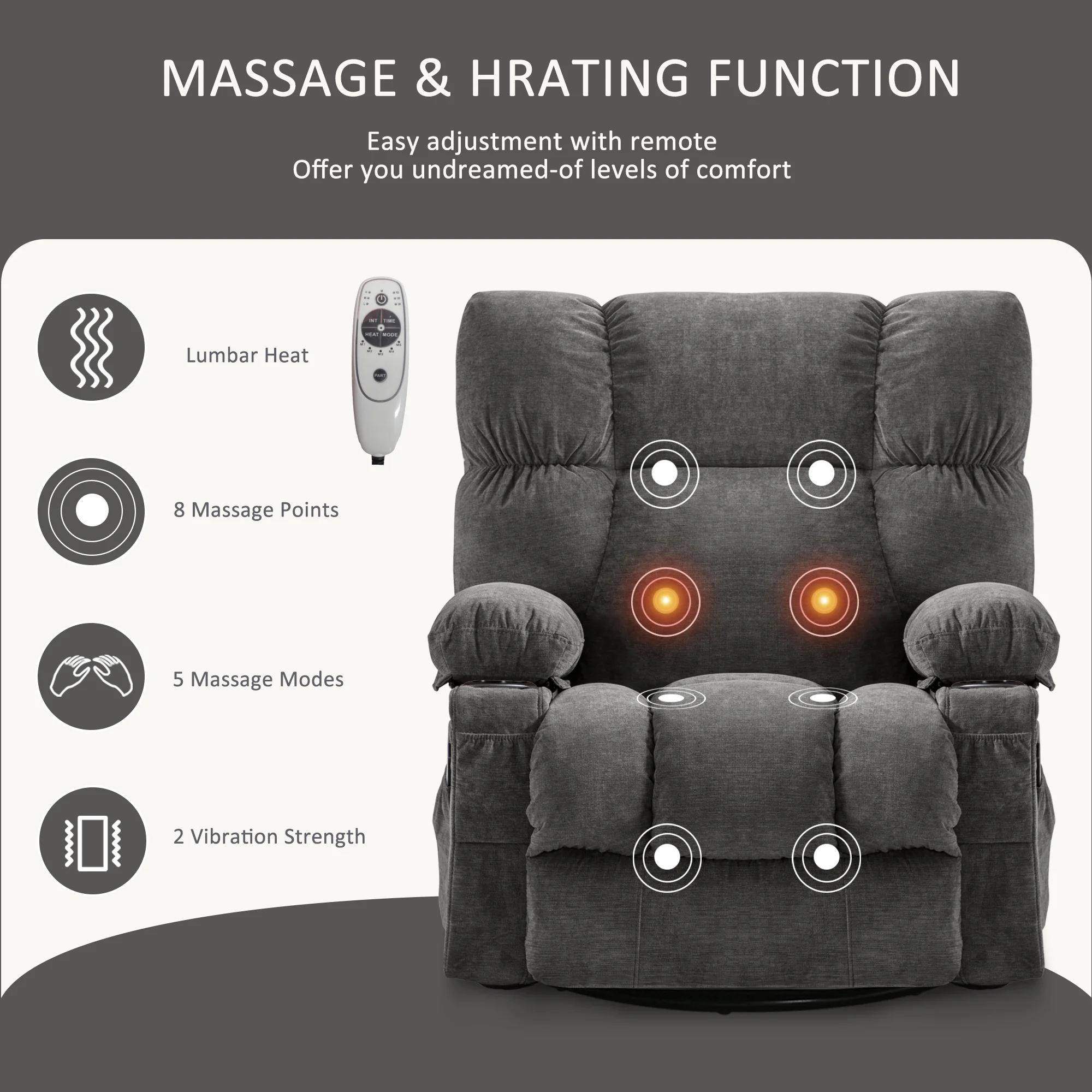 JONPONY Manual Recliner Chair with Heat Therapy and Massage Function, Heavy Duty Reclining Mechanism Massage Chair, Elderly Single Rocker Sofa with Cup Holders for Bedroom Home Theater, Grey