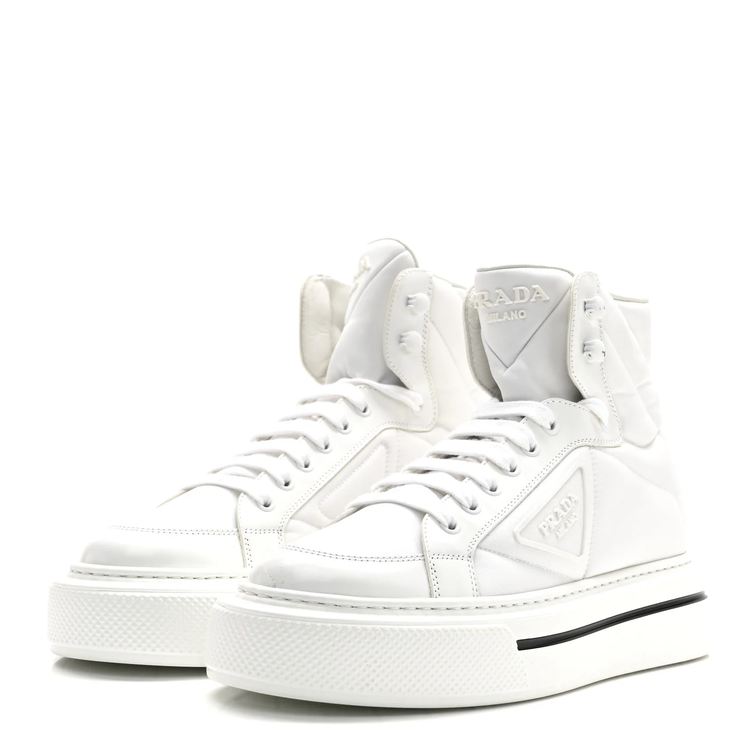 Re-Nylon Gabardine Spazzolato Macro Quilted Triangle Logo High Top 45mm Sneakers 38.5 White - Top Club