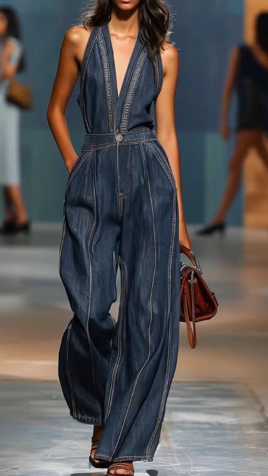 Women's V-neck casual retro sleeveless wide-leg denim jumpsuit - Nordfashionstorm - Women's Clothing, Fashion for You - Nordfashionstorm.com
