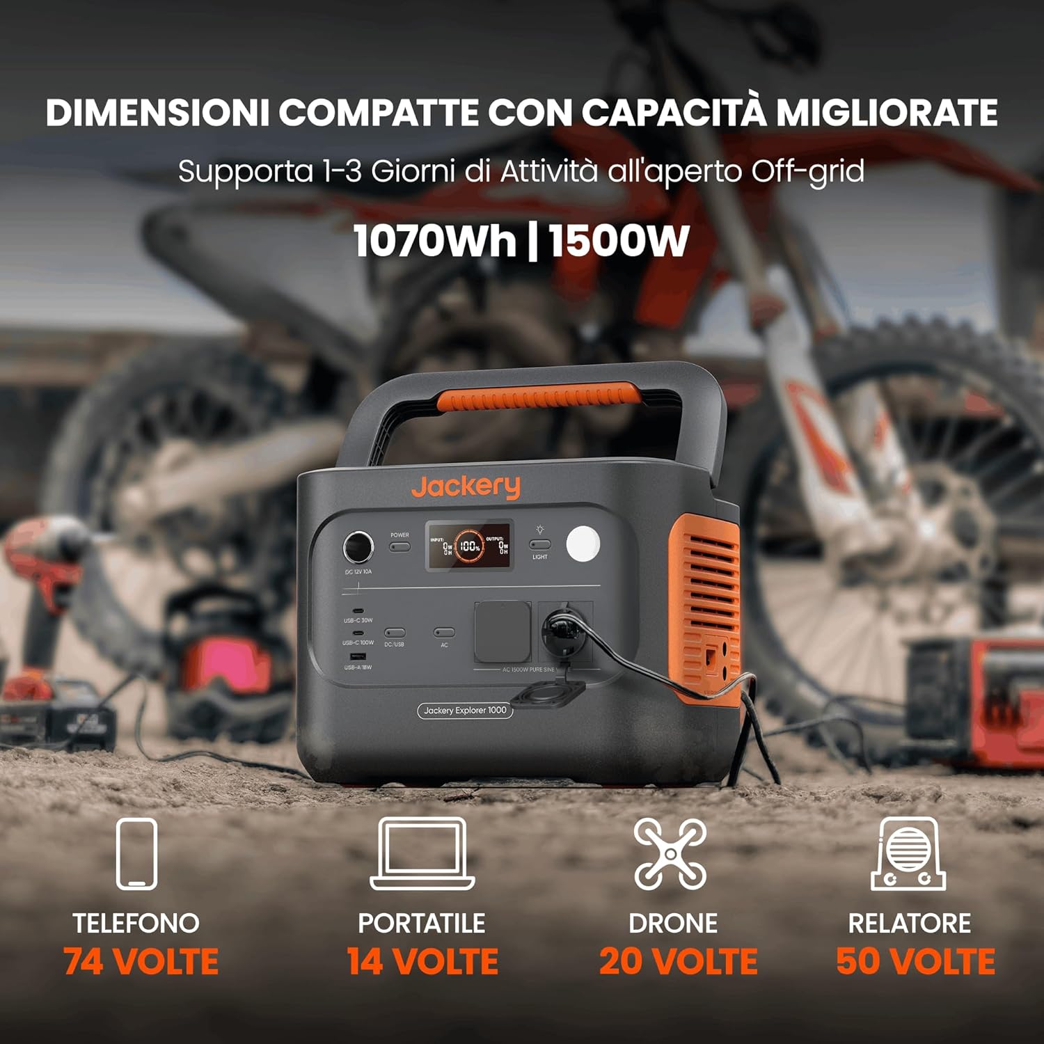 Jackery Explorer 1000 v2 Stazione di Alimentazione Portatile (Nuovo 2024), Batteria LiFePO4 da 1070Wh, Uscita AC da 1500W/USB-C da 100W, Ricarica Rapida in 1 Ora, Generatore Solare per Campeggio