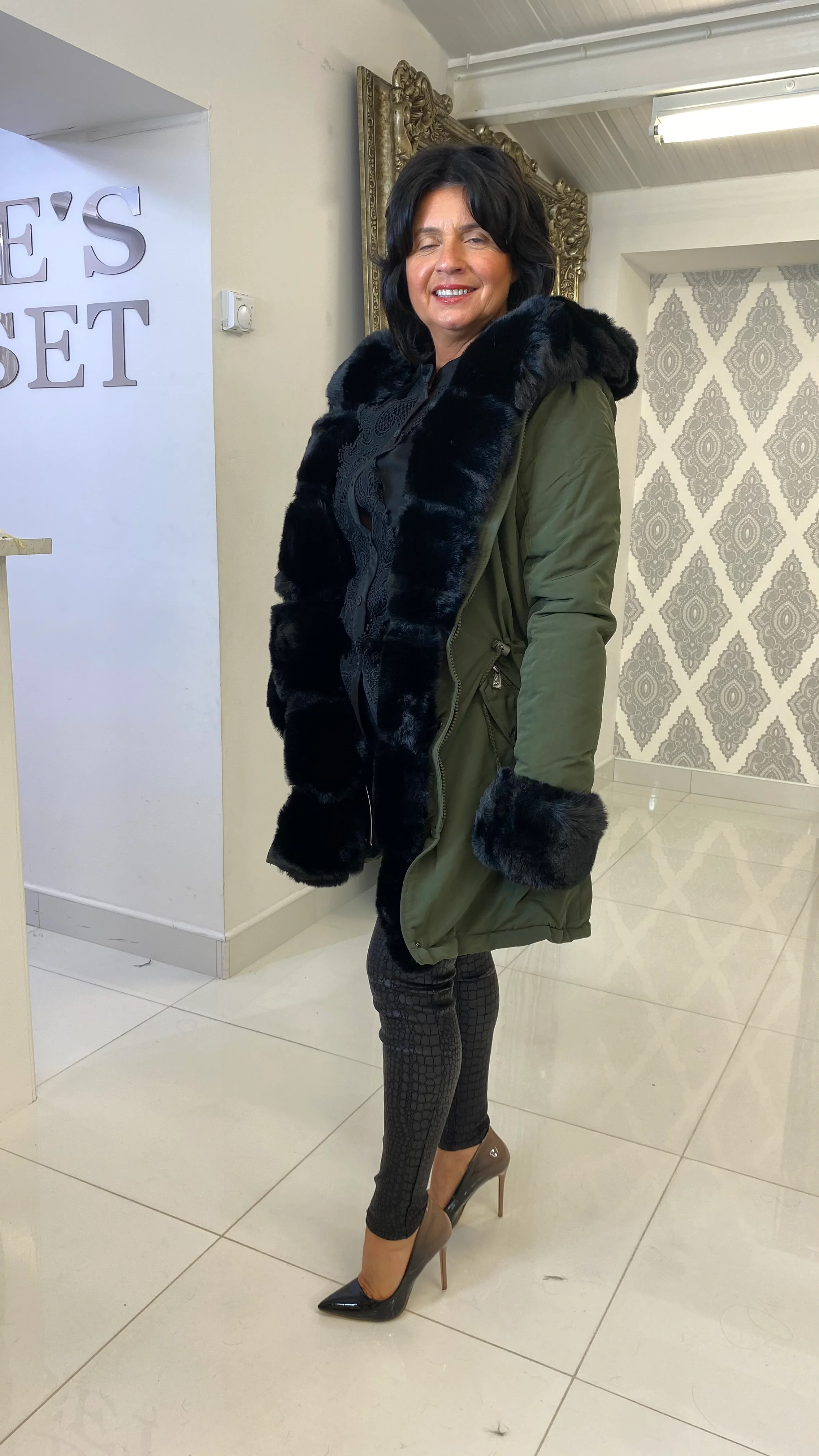 Khaki Faux Fur Neckline Long Puffer Coat